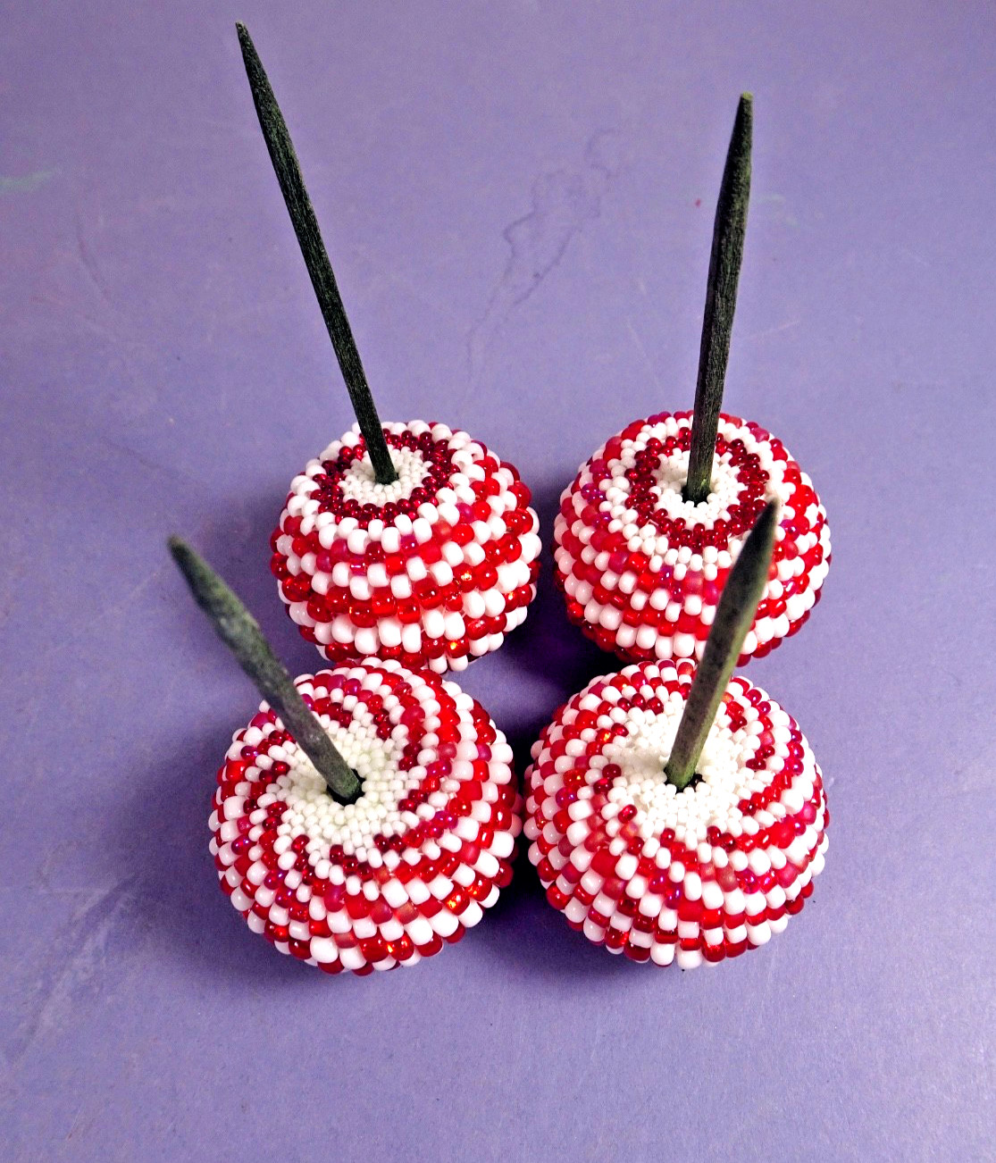 4 Beaded Ball FLORAL PICKS Red & White Stripe/Spiral Design Handmade