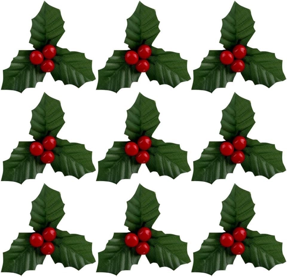 10Pcs Christmas Holly Berries Faux Flowers with Leaves Xmas Picks Christmas W…