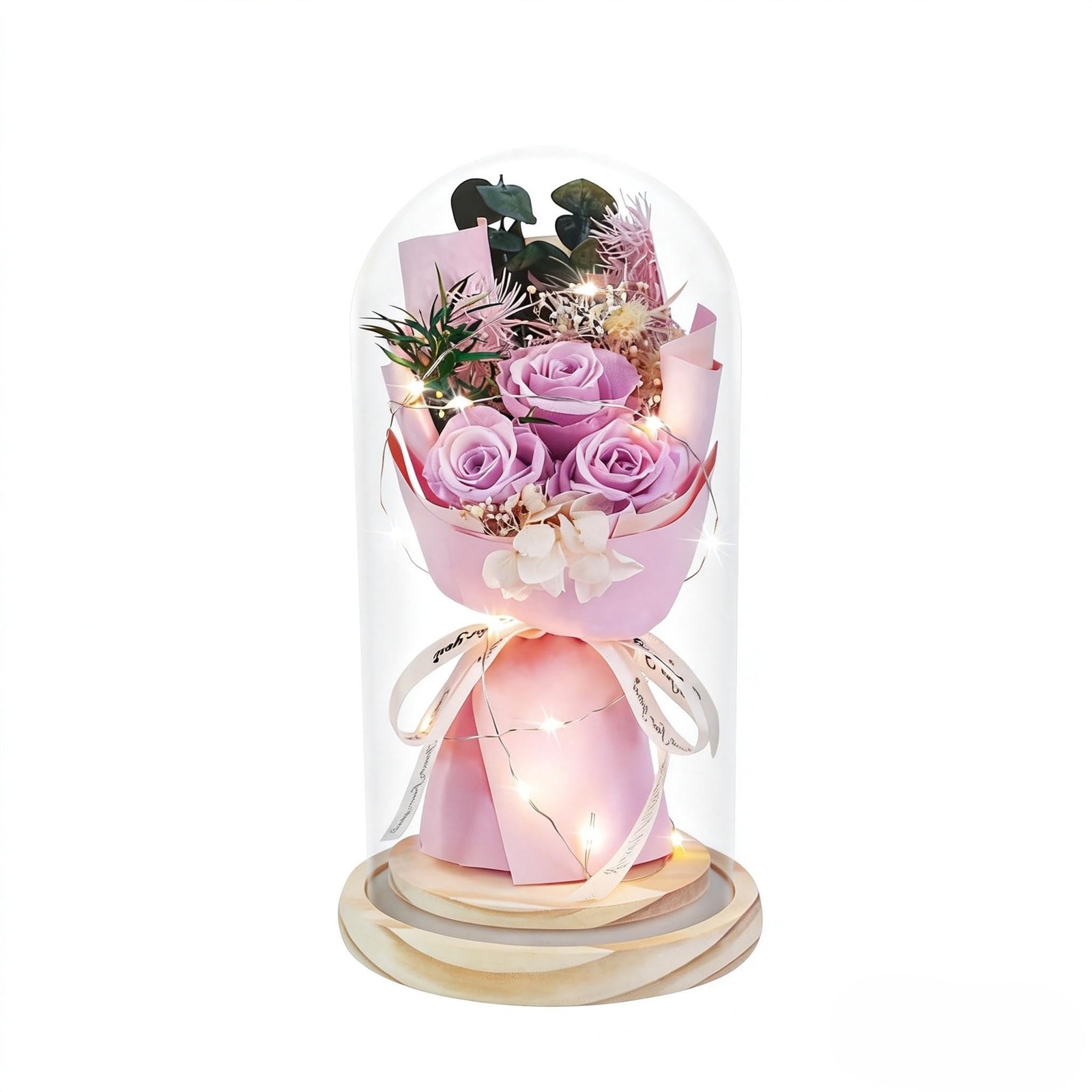 Preserved Flowers Bouquet in Glass Cloche Display Dome, Forever Purple Roses …