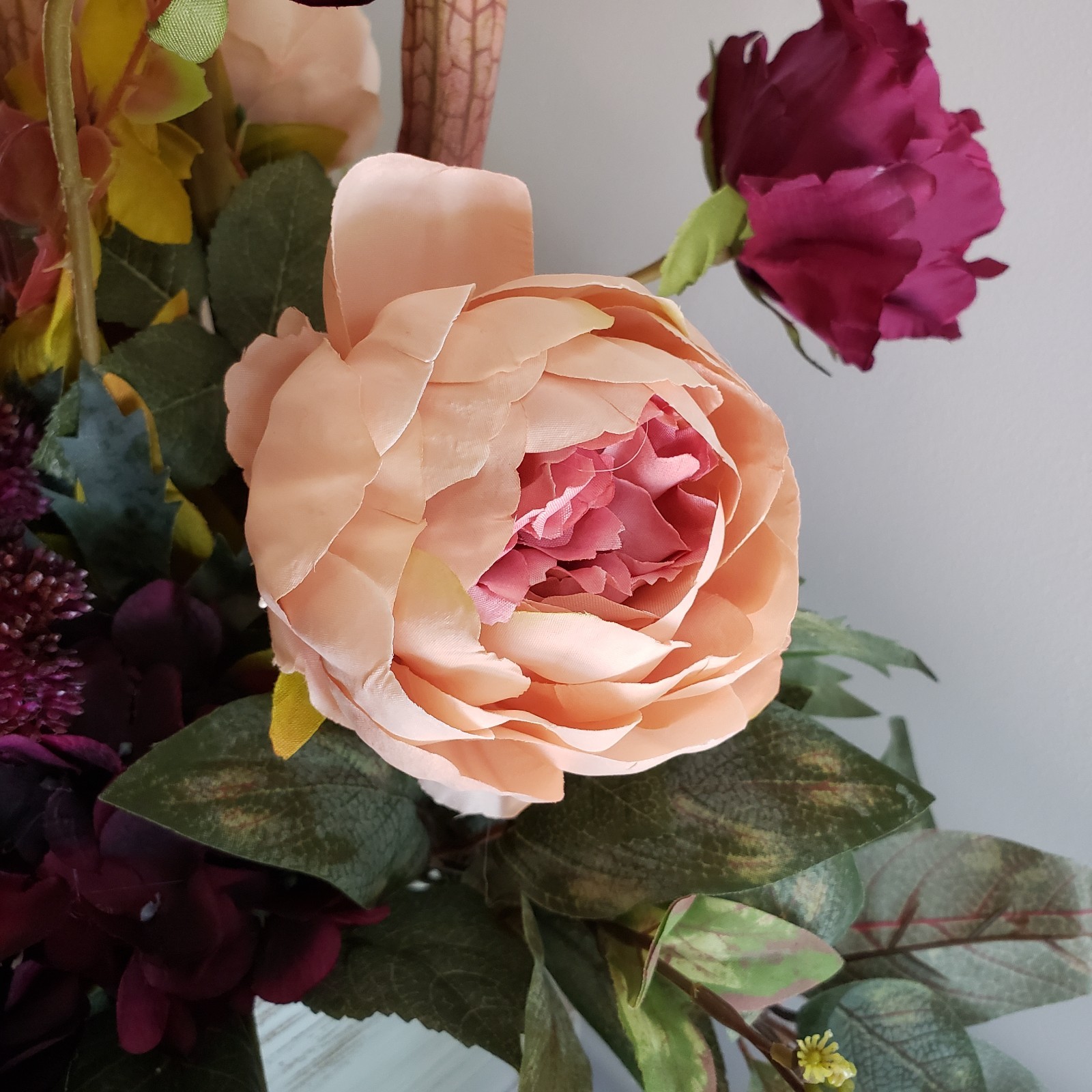 Handmade Silk Flower Centerpiece, Deep Purple Hydrangea, Blush Rose & Mum