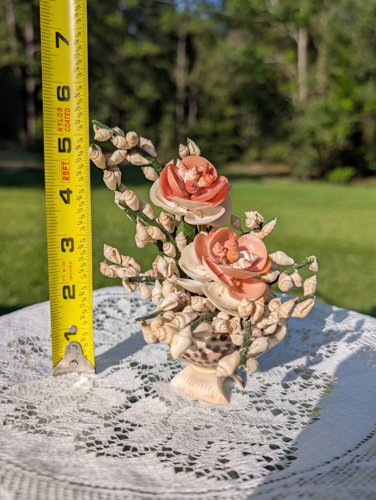 Vintage Handmade Seashell Flower Bouquet Tiger Cowrie Shell Vase Art SF-14
