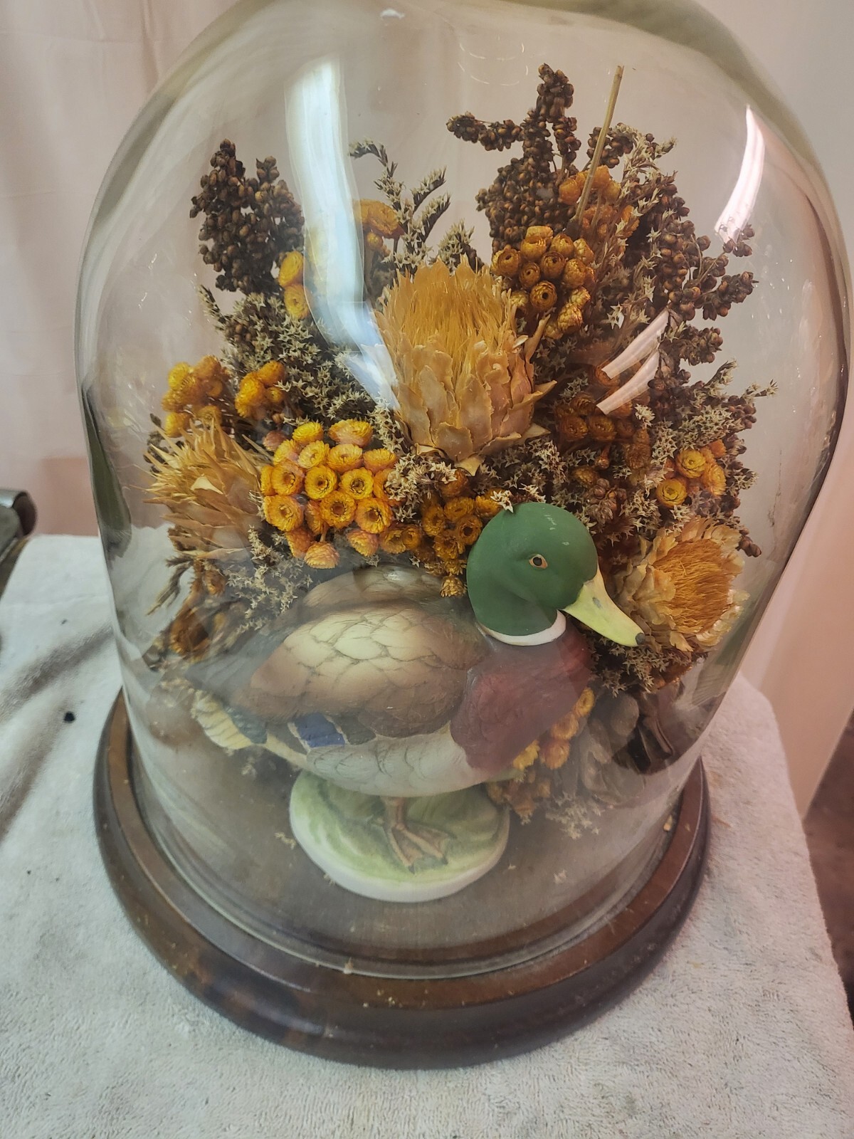 VTG Boho Dried Preserved Floral Bouquet Glass Dome Cloche Arrangement Decor
