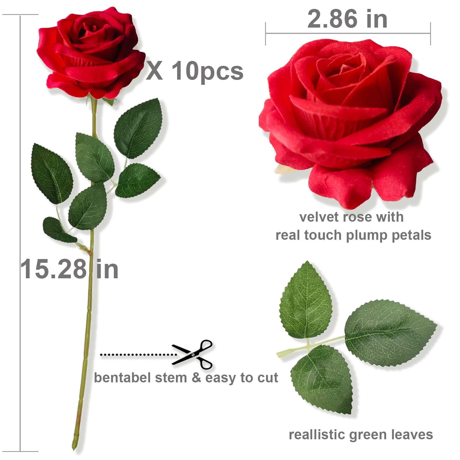 10 PCS Velvet Fake Red Roses Artificial Red Flowers Bulk, Silk Faux Roses wit…