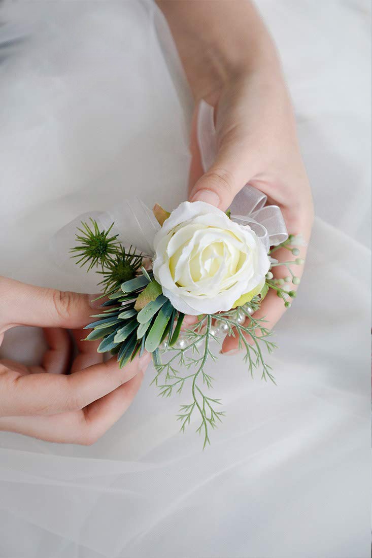 Bridal Party Flowers, Wrist Corsage With Boutonniere, White