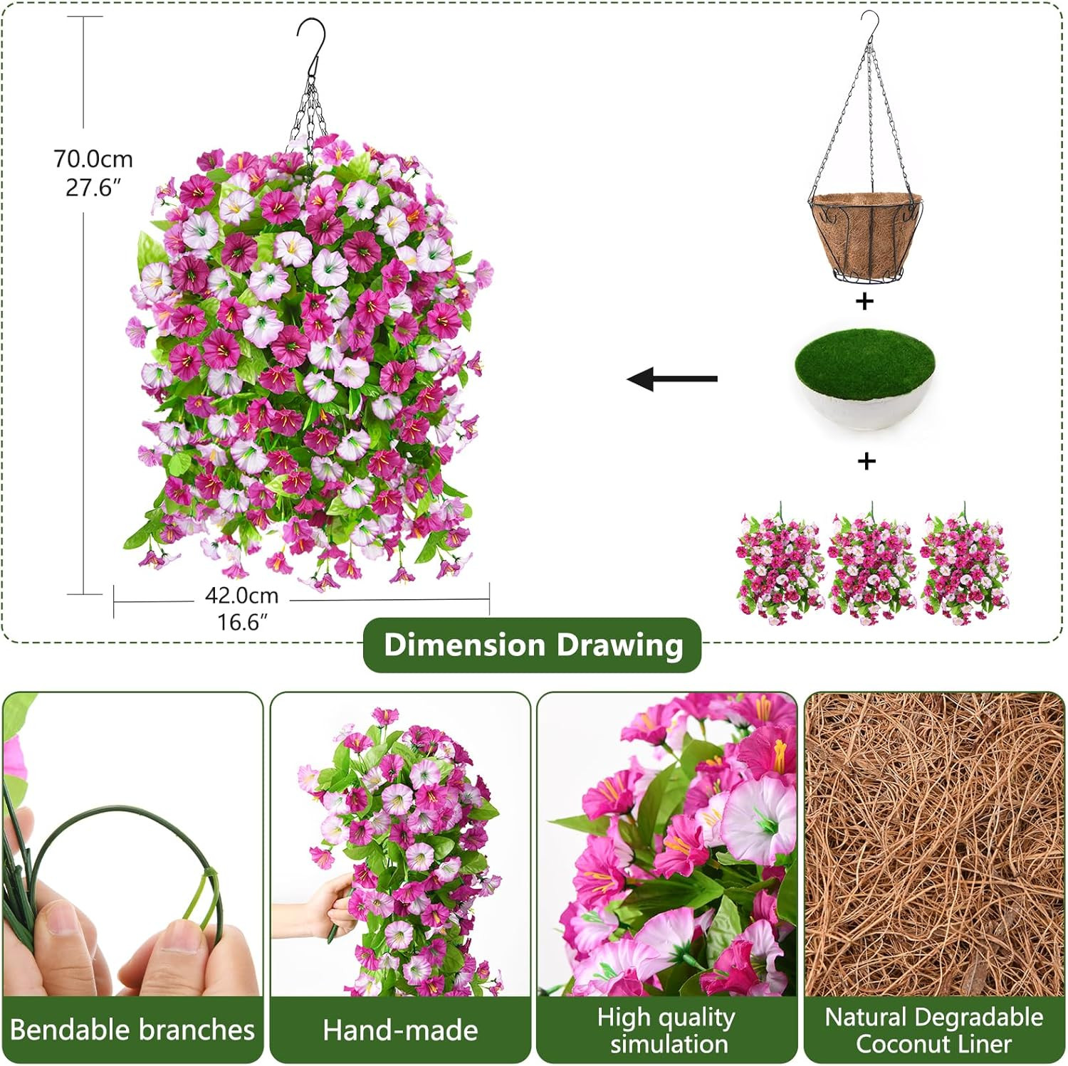 Artificial Faux Hanging Flowers Plants Baskets for Outdoor Spring Summer Decorat