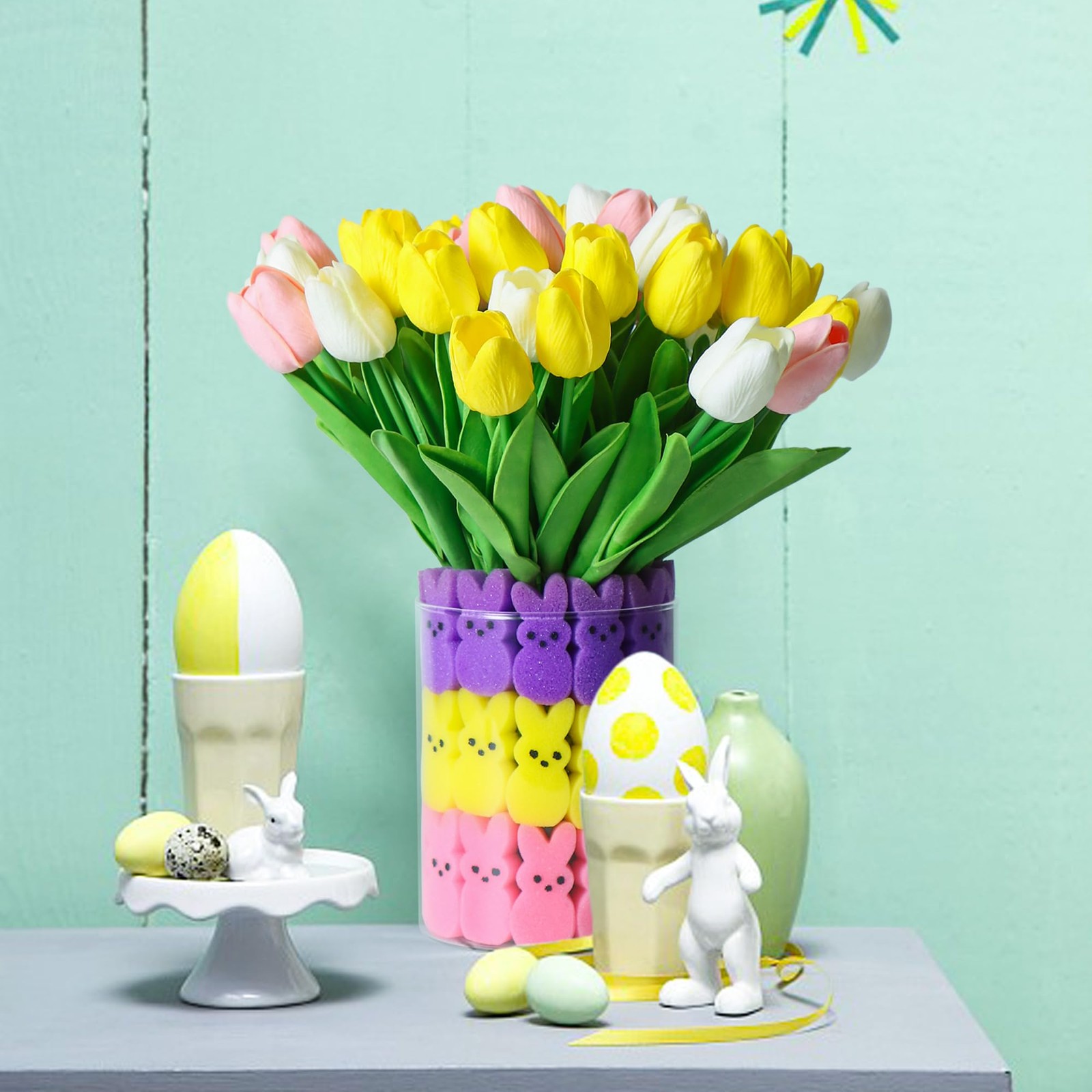 15 PCS Artificial Tulips 48 PCS Bunnies Vase Filler Spring Table Decor Set
