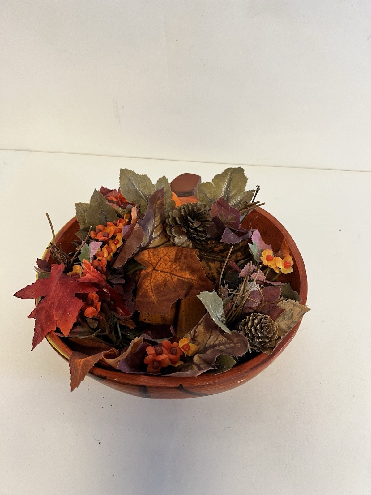 Wood Pumpkin Bowl w/ Fall Leaf Berry Pinecone Wreath Autumn Thanksgiving