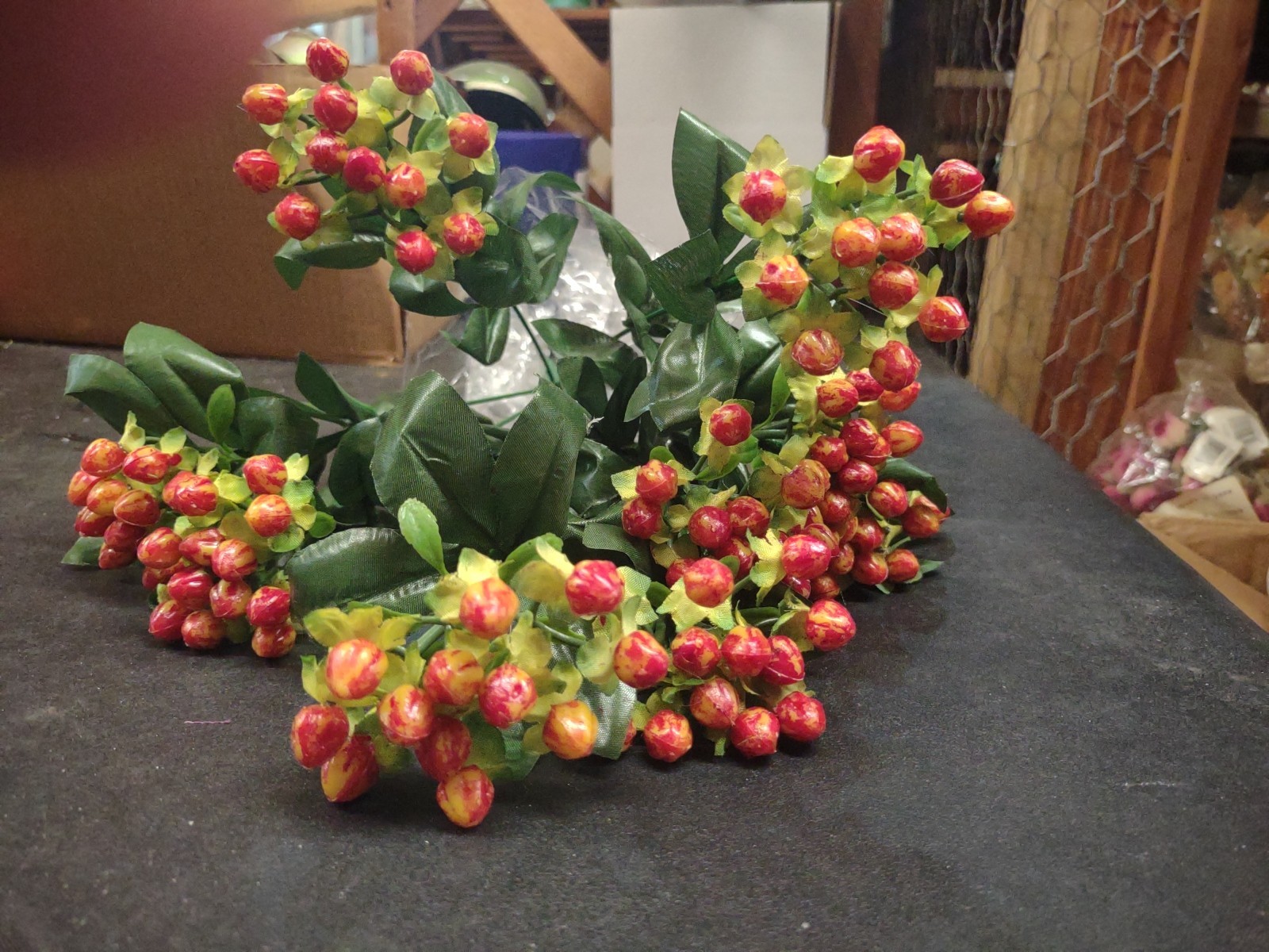 15″ Retro Hypericum Berry Bush, Red Rust Brown, Plastic Berries Silk Leaves