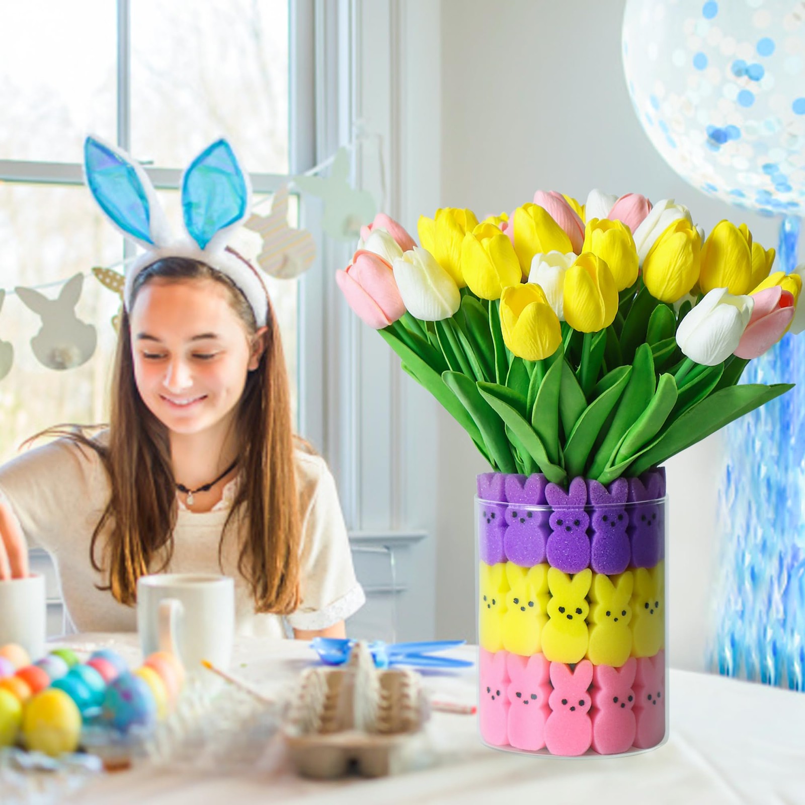 15 PCS Artificial Tulips 48 PCS Bunnies Vase Filler Spring Table Decor Set