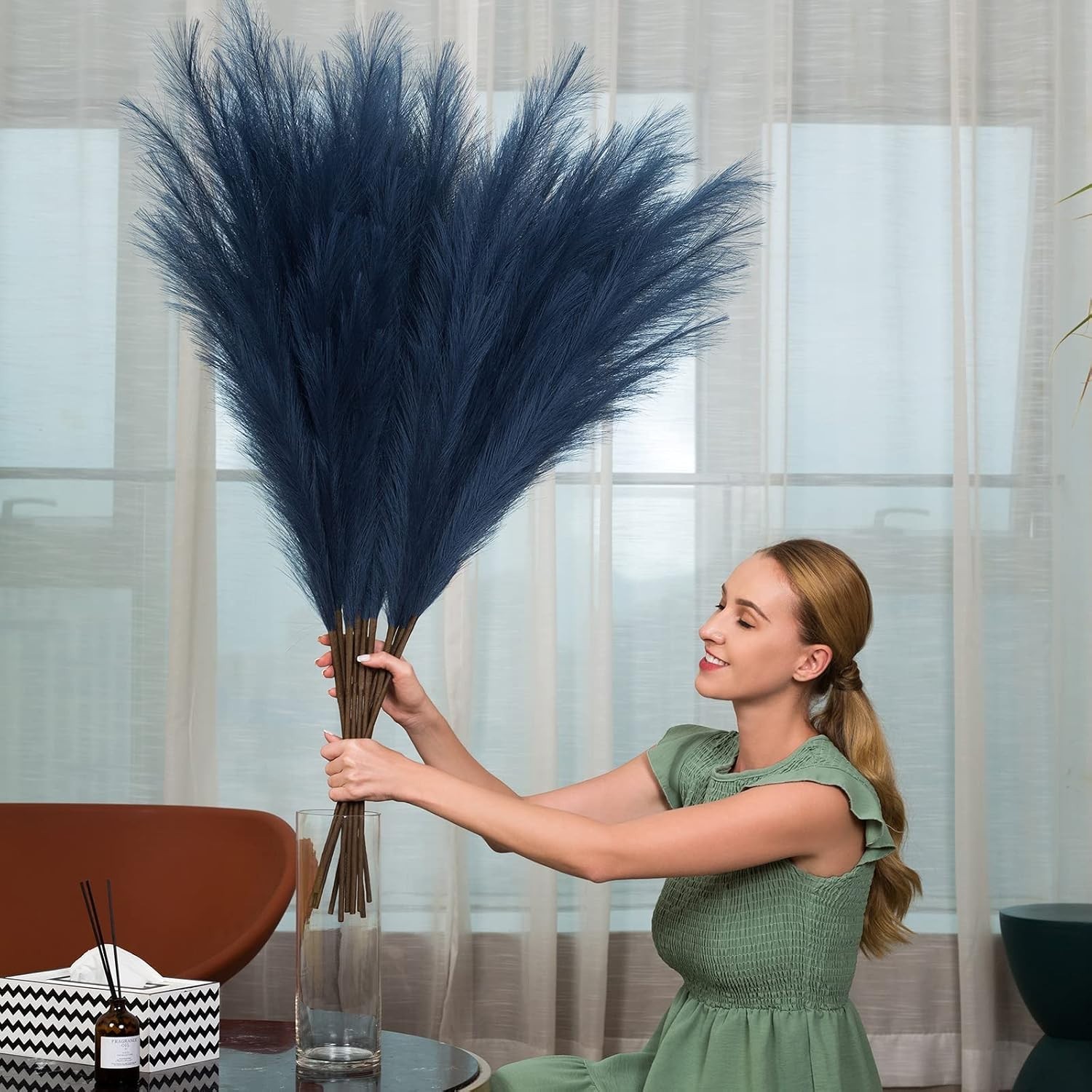 Extra Large Faux Pampas Grass Stems – 43 Inch in Elegant Blue for Home Decor