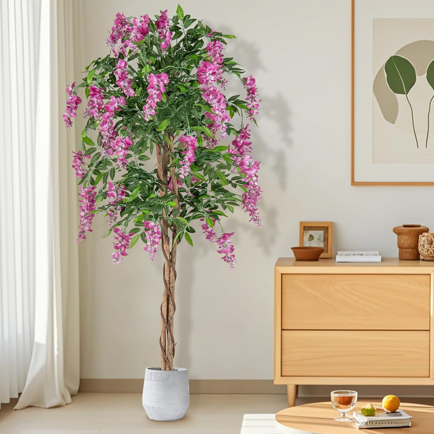 5.5FT Fake Wisteria Plant, Tall Artificial Tree in Nursery Pot with Rosy Flowers
