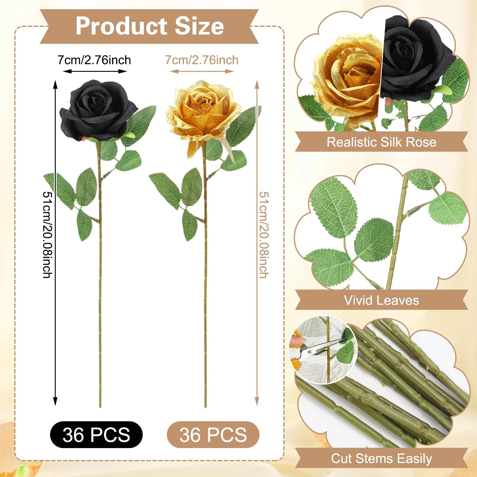72 Pcs Artificial Roses Gold, Black Fake Silk Roses Realistic Roses Faux Flow…