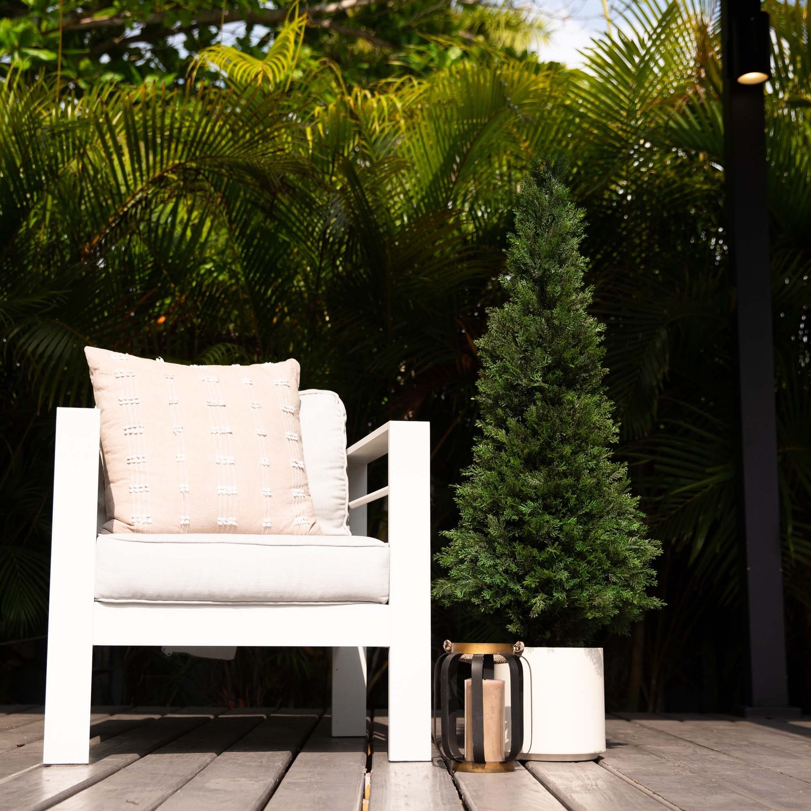 Nearly Natural 4ft UV Resistant Cedar Tree in White Planter in Green