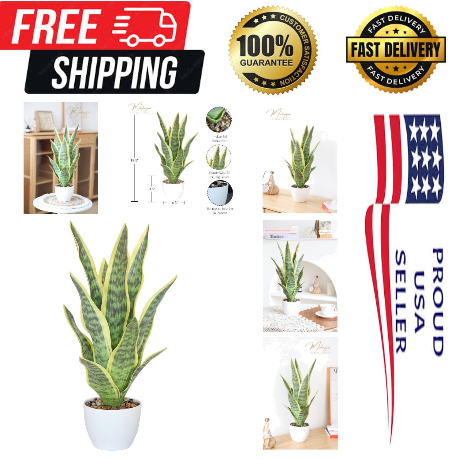 18.5″ Artificial Snake Plant Potted,Fake Sansevieria Floor Plant Real Looking…