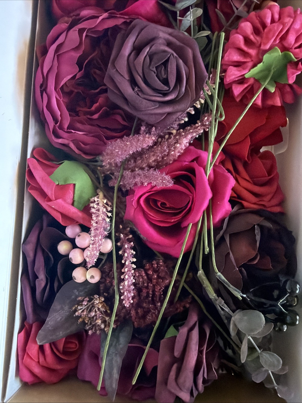 Ling’s Moment Fake Flowers Box, Faux Artificial Greenery Stems Foam Roses Berry