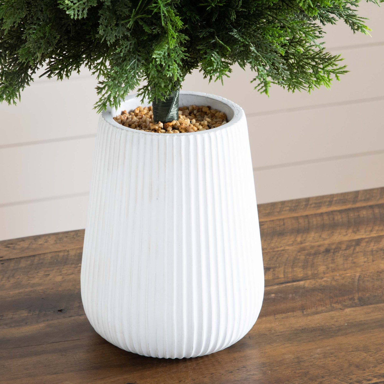 Nearly Natural 3ft UV Resistant Cedar Tree in White Planter in Green