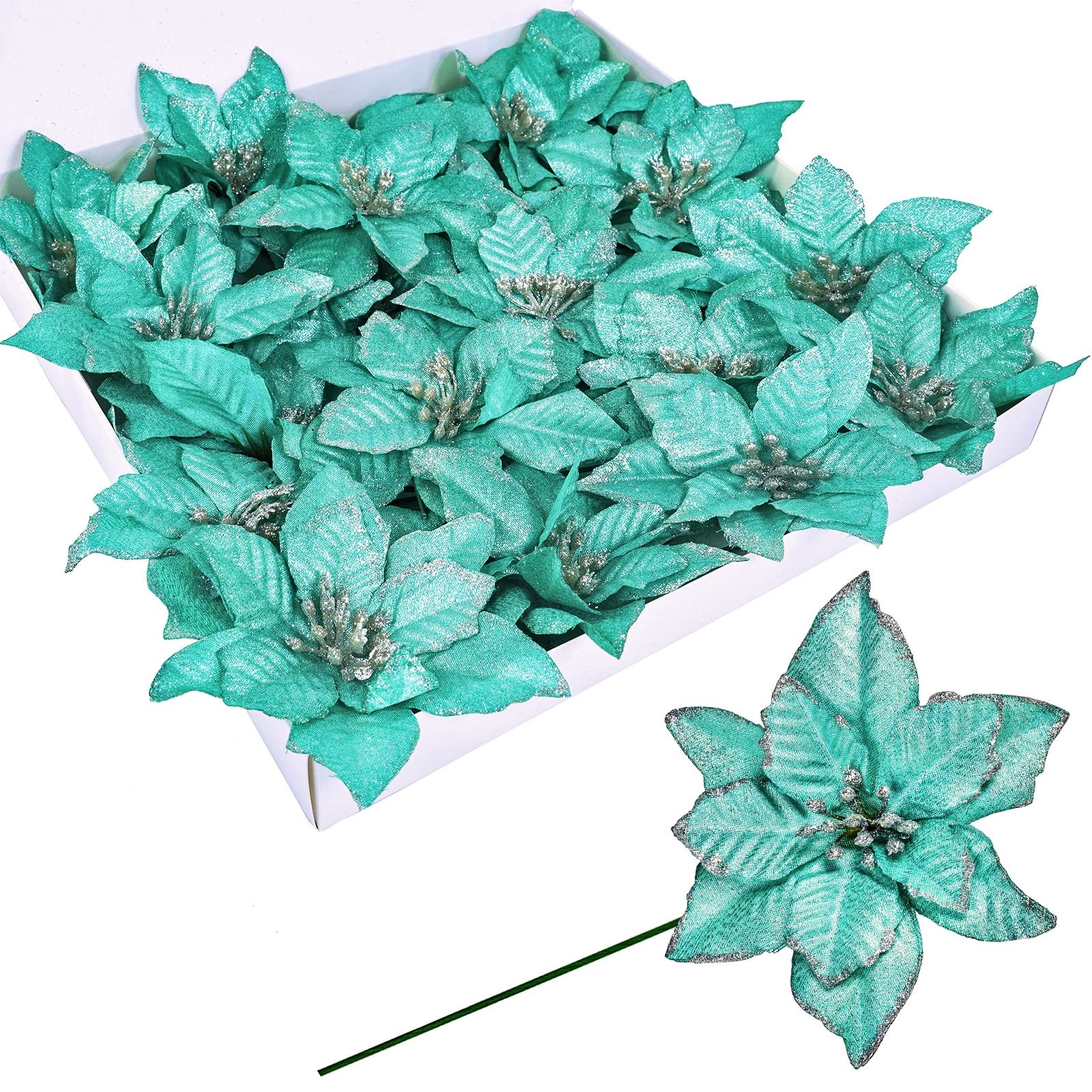 24 Pcs Glitter Artificial Christmas Poinsettia Flowers Picks Christmas Teal