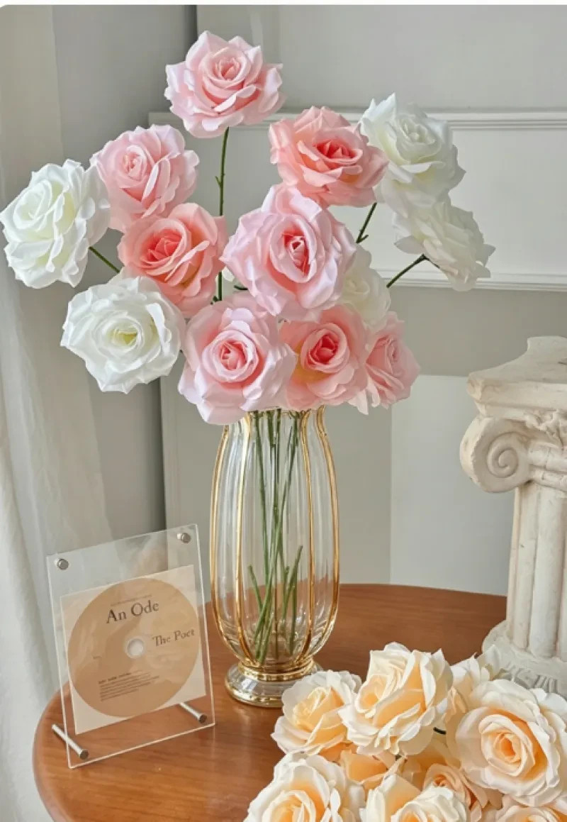 6Pcs Silk Artificial Roses Faux Flowers Pink Blue Purple for Wedding Home Decor