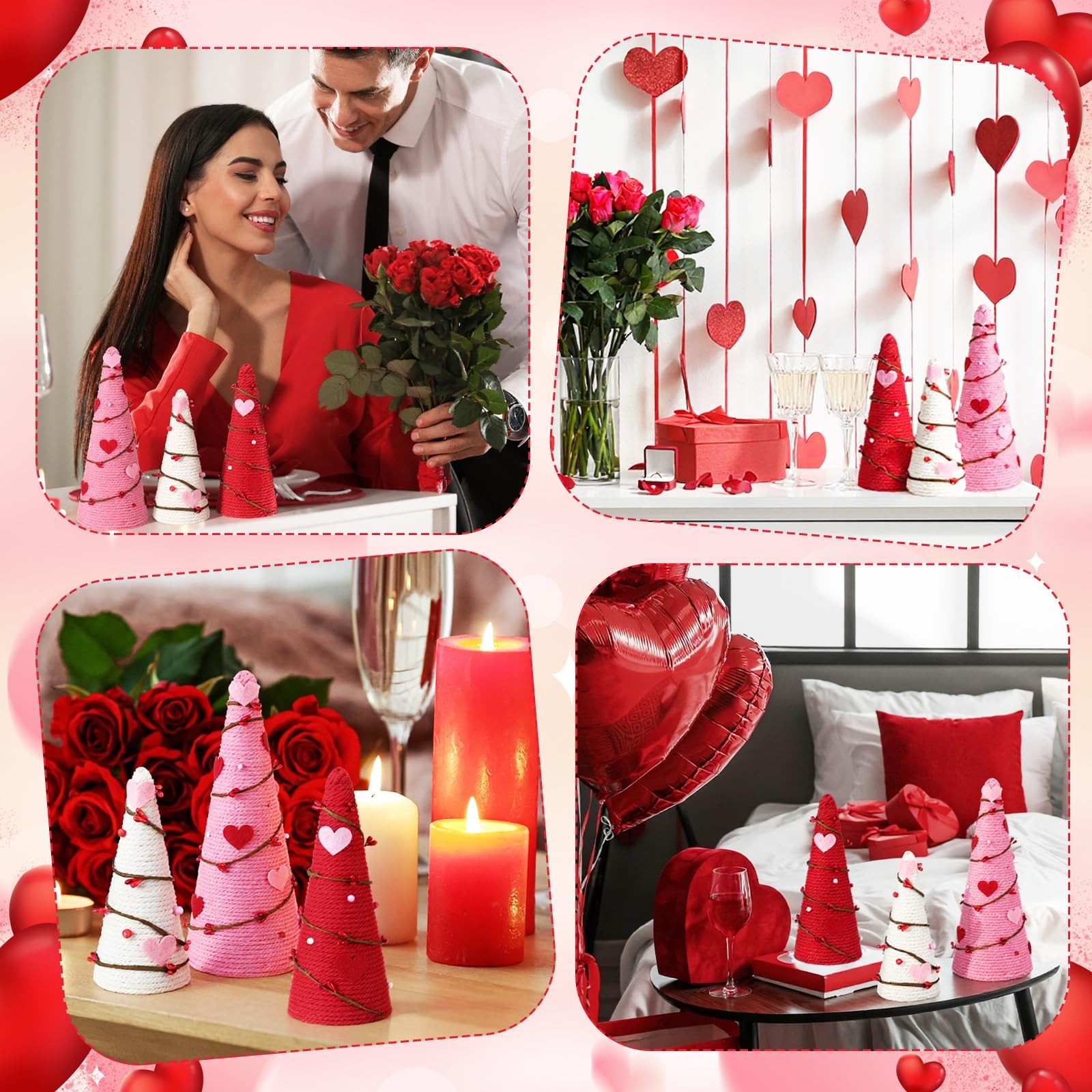 3 PCS Valentine Tree Table Decor Artificial Cone Heart Red Pink White