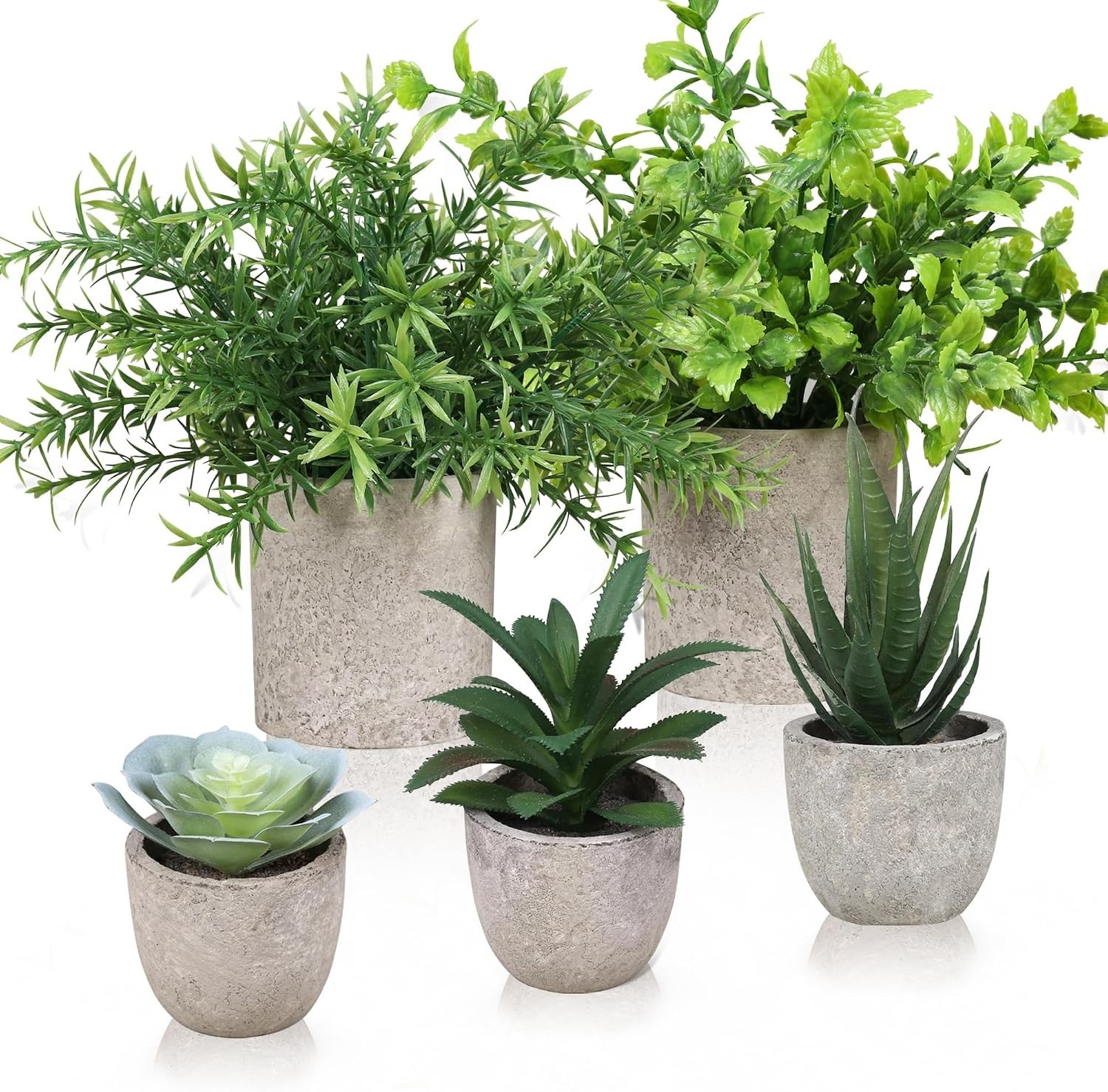 Memeaty Set of 5 Small Artificial Plants | Fake Rosemary Peppermint Succulents