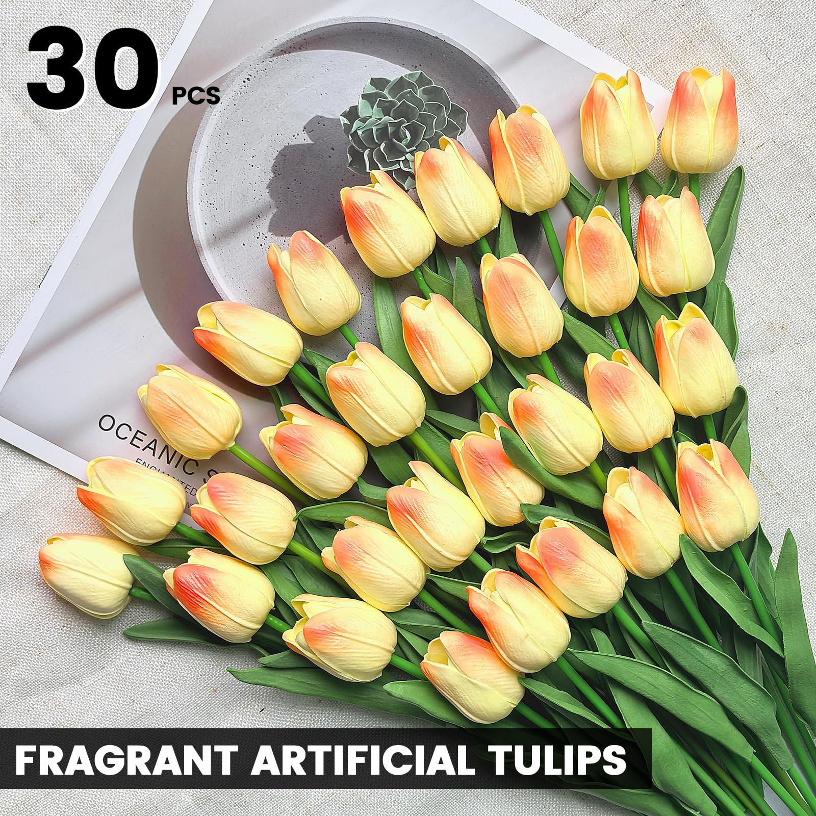 30 PCS Artificial Tulips Real Touch Tulips 13.5inch Long Stem Fake Flowers Si…