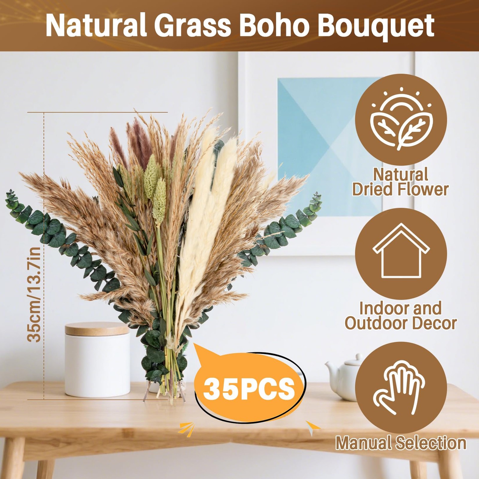 RAINFLOW 35PCS Pampas Grass Boho Decor – Natural Dried White, Green, Gray