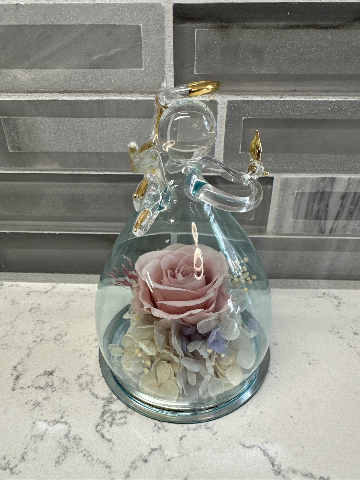 ANLUNOB Mother’s Day/Birthday Gift Glass Praying Angel w/Pink Rose Flower EUC!