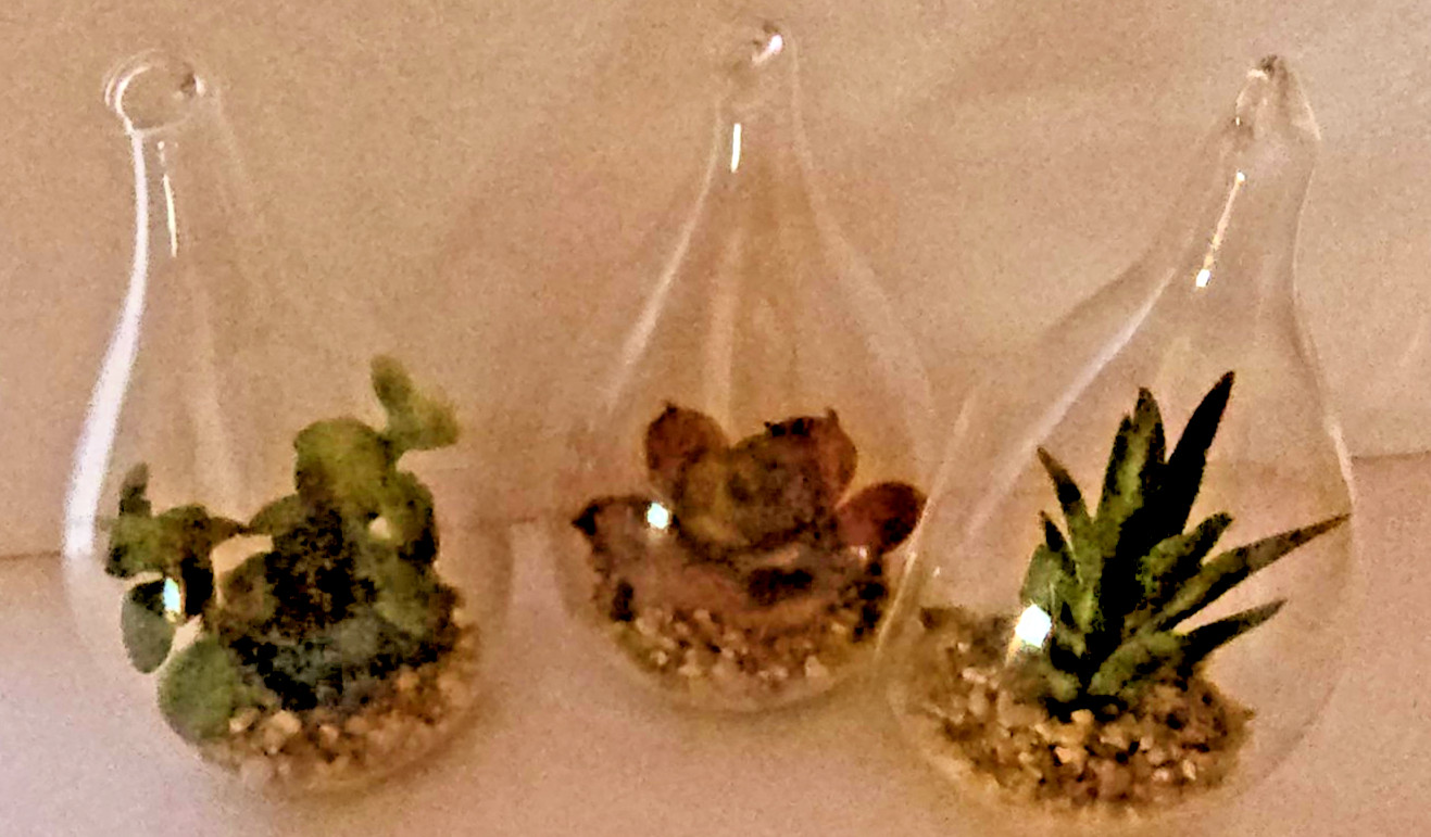 3 Blown Glass Teardrop Hanging Plant Terrarium 5” with landscape