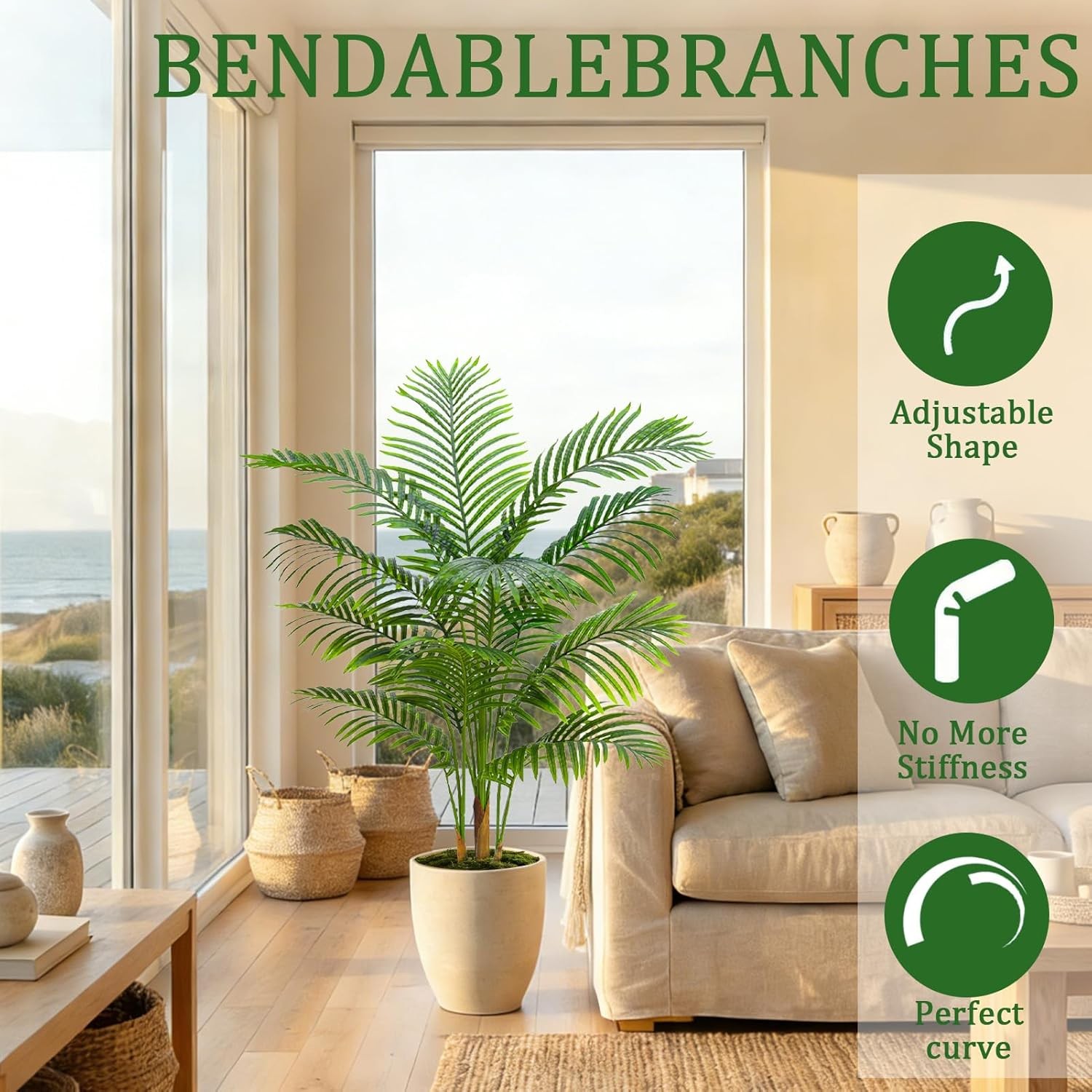 Artificial Tall Tropical Palm Tree Indoor Plant 5FT in Pot, Real Bark for home
