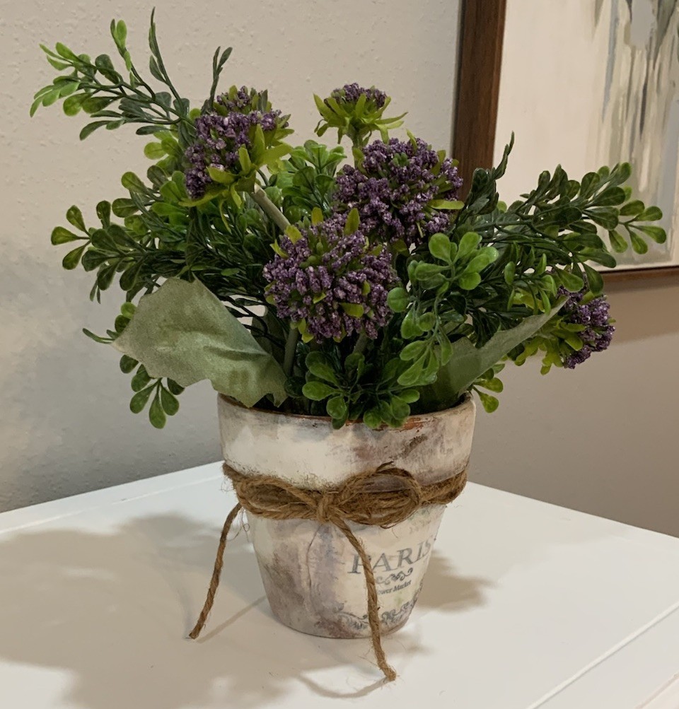 Distressed White Wash Terracotta Pot Paris Purple Flower Arrangement Bow