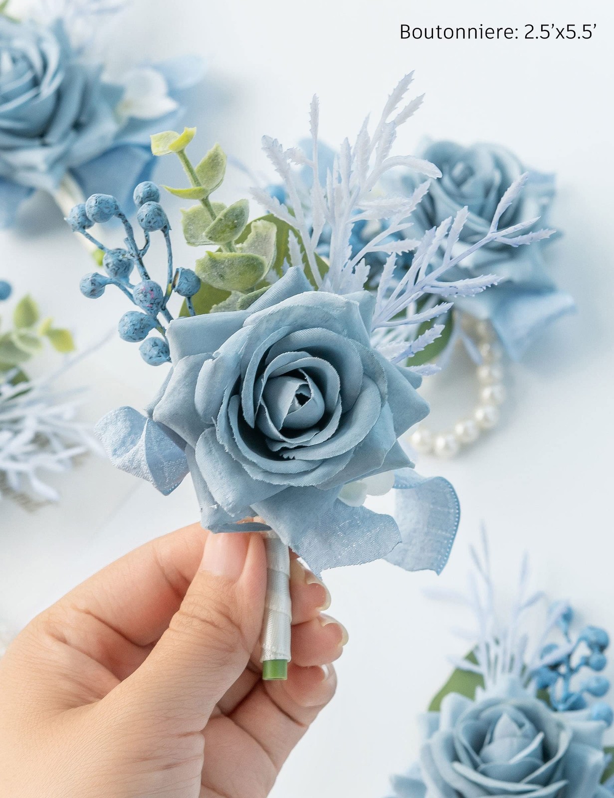 2 PCS Wrist Corsage Wristlet And Boutonniere Set Wedding Prom Dusty Blue