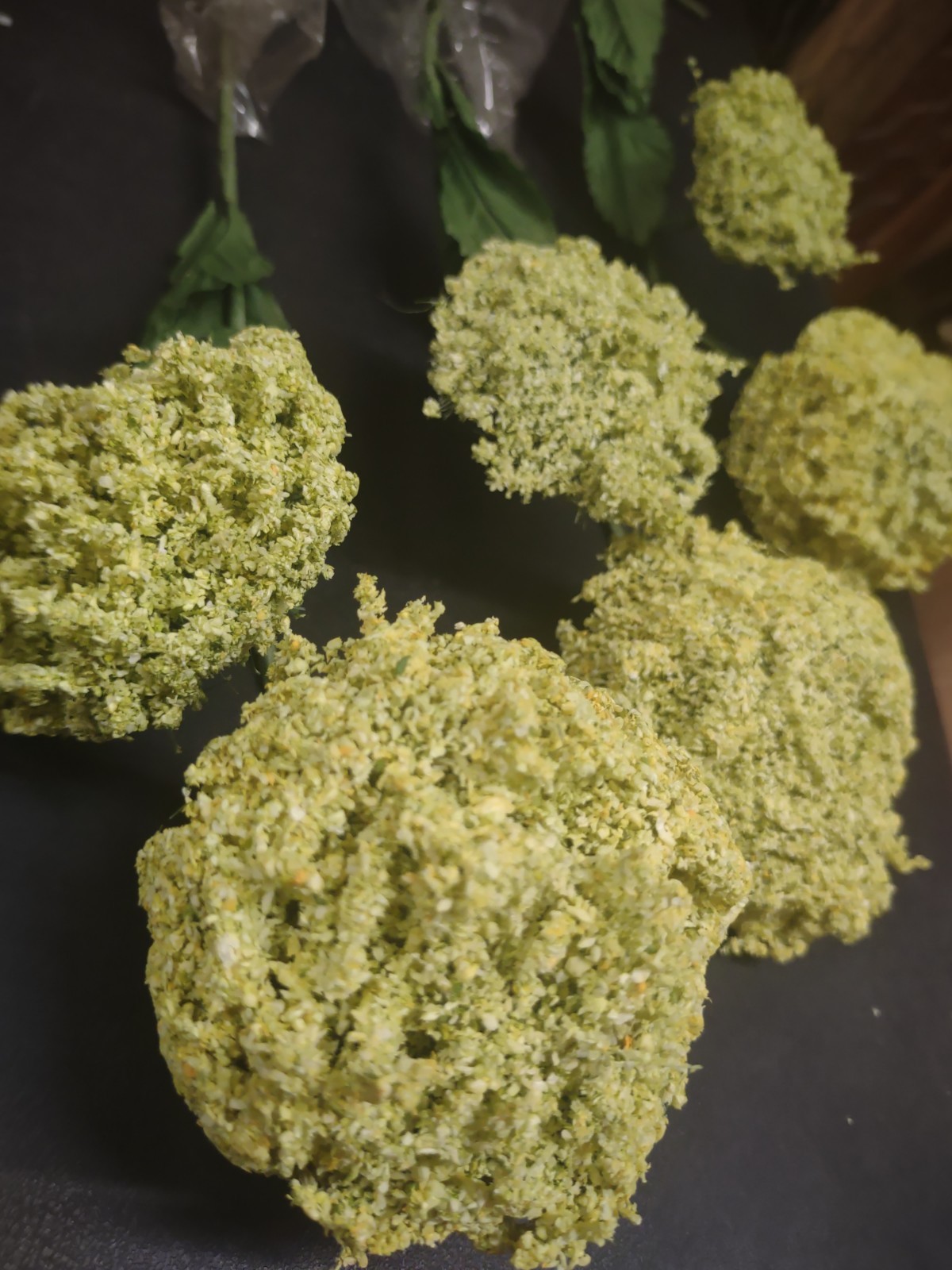 Set of 3 Stems: Yellow Fluffy Yarrow, Wired Bloom Heads with Silk Leaves 21″