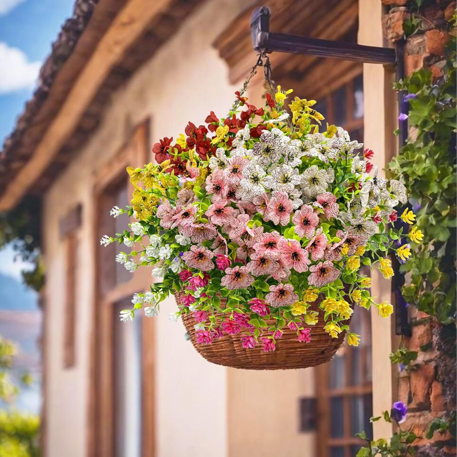 Realistic 12 Pack Outdoor Faux Flowers with Eucalyptus – Low-Maintenance Beauty