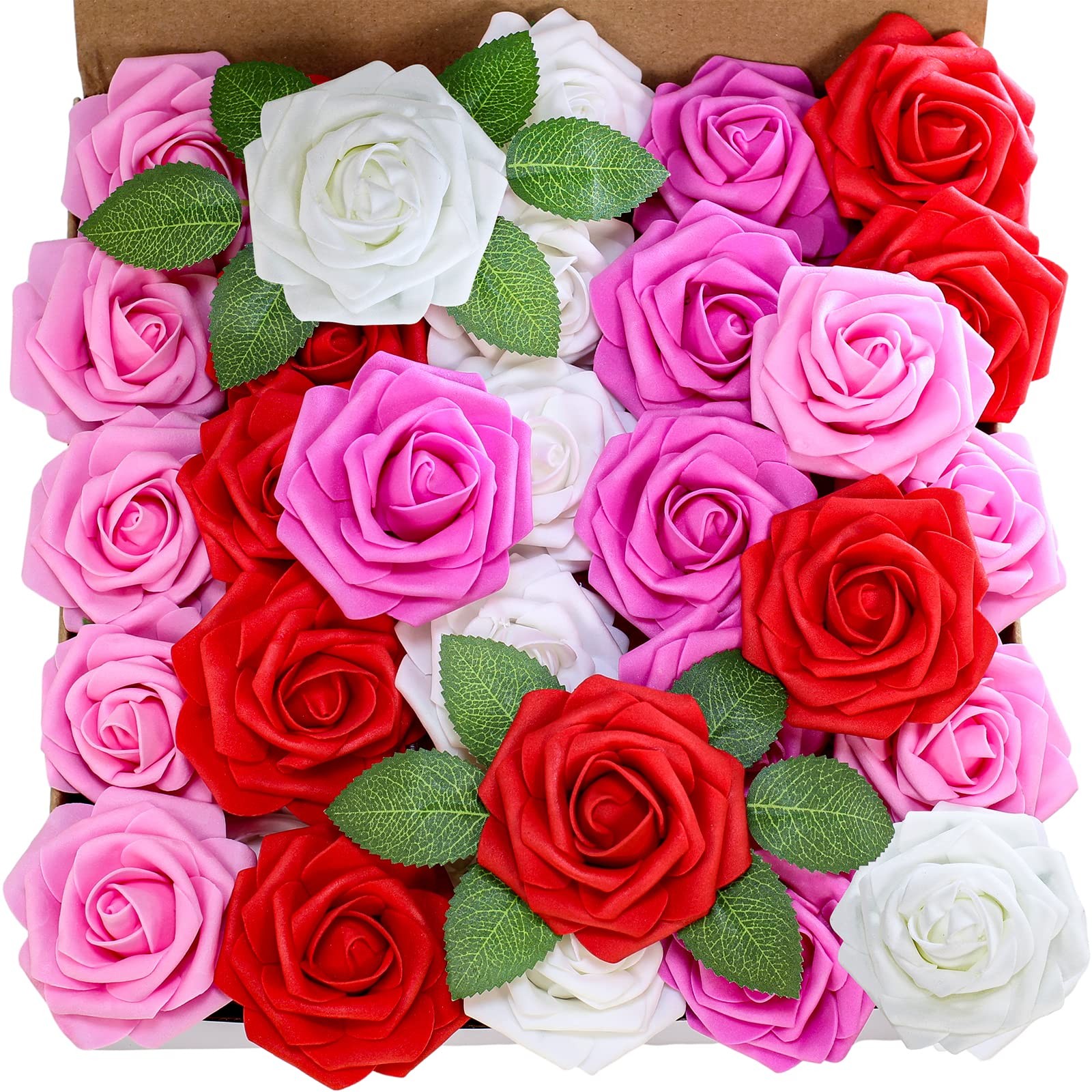 50 Pcs Real Looking Artificial Rose Flowers with Stems & Silk Leaves Bulk- Re…