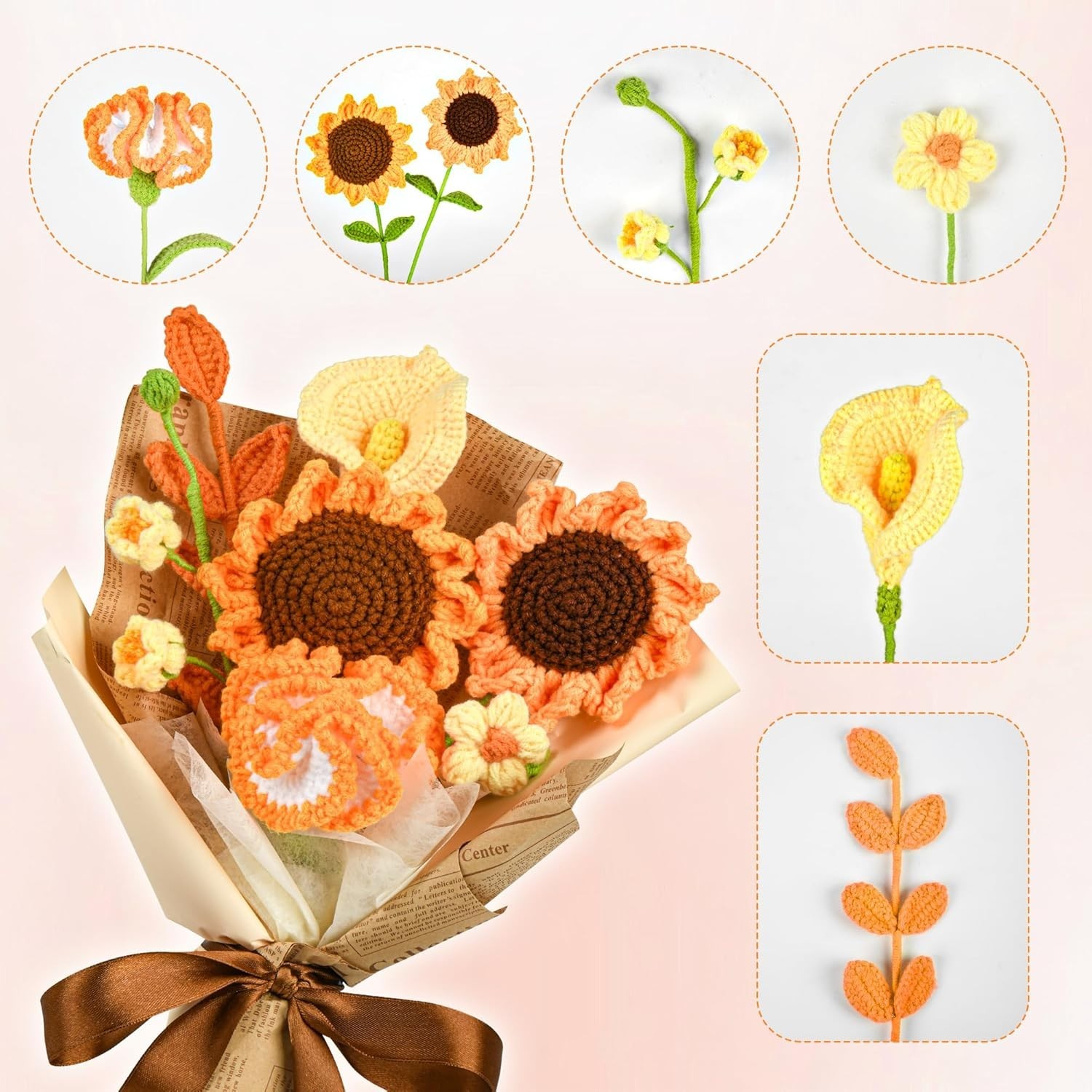 Handmade Crochet Bouquet with Sunflower Lily of the Valley Calla Lily Carnation