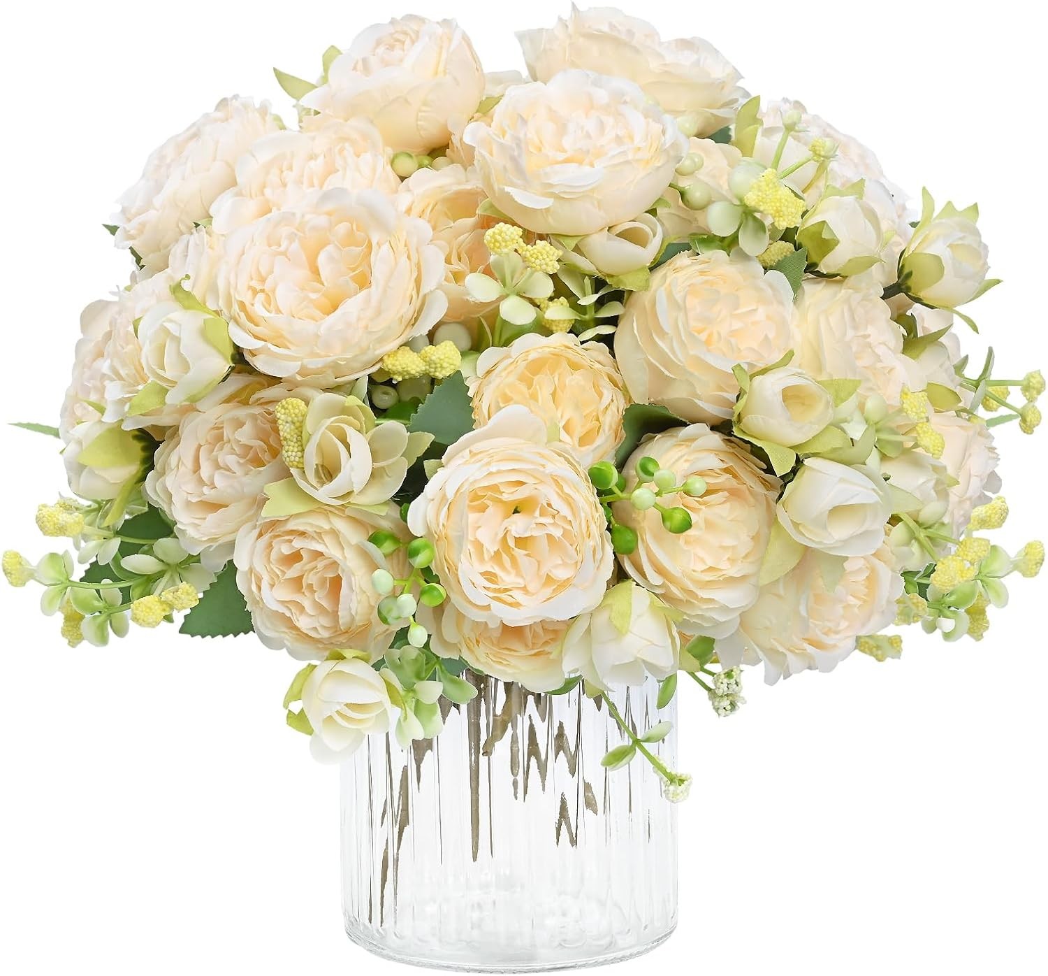 4 Packs White Peonies Silk Bouquet, Artificial Centerpiece Wedding Decor