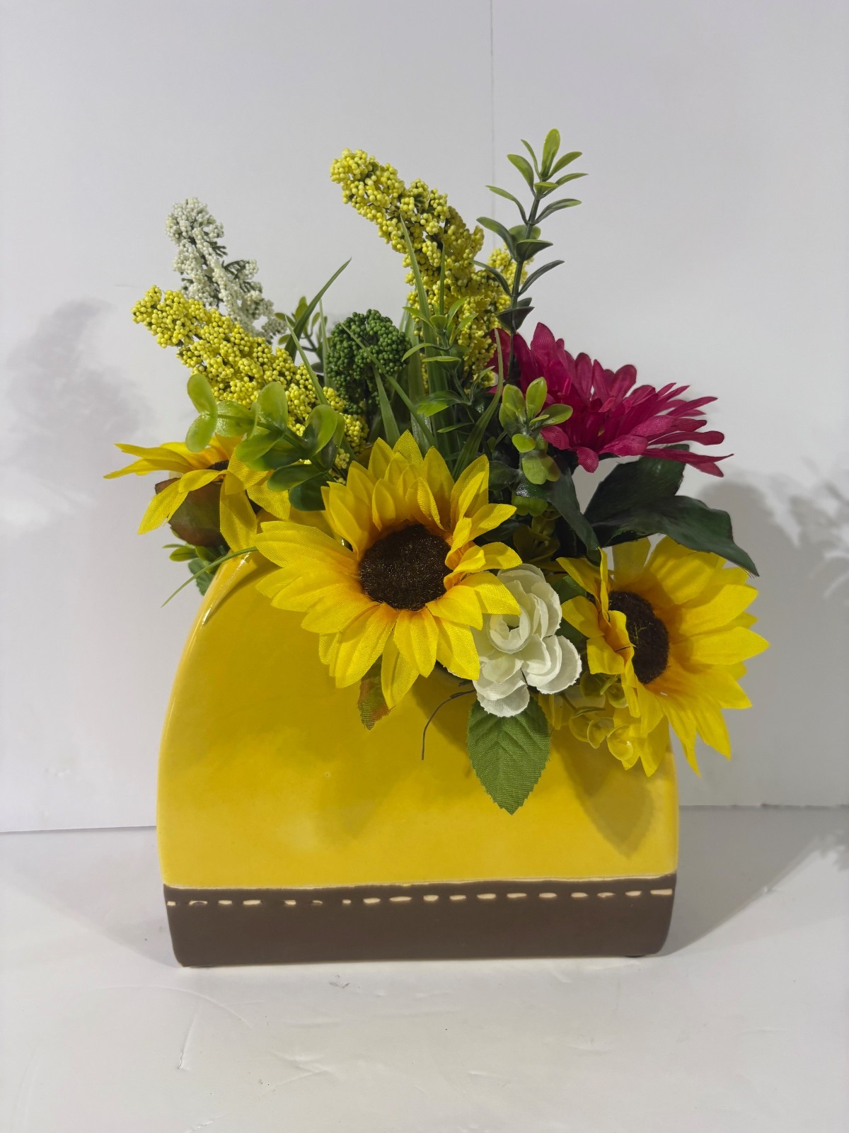 Handmade Floral Arrangement in Whimsical Yellow Ceramic Planter – Sunflower