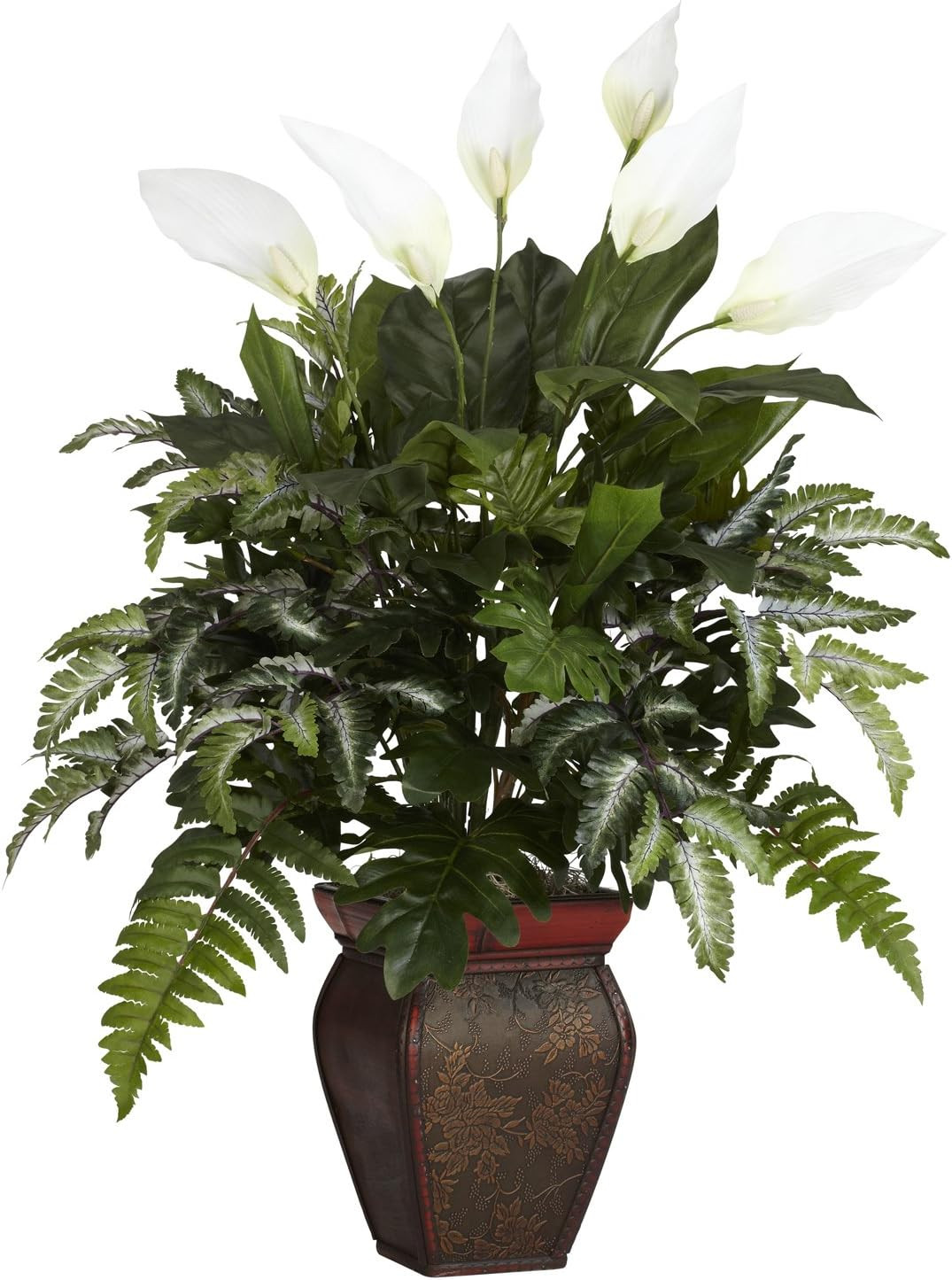 6677 Mixed Greens with Spathiphyllum and Vase Decorative Silk Plant, Green,7.5″