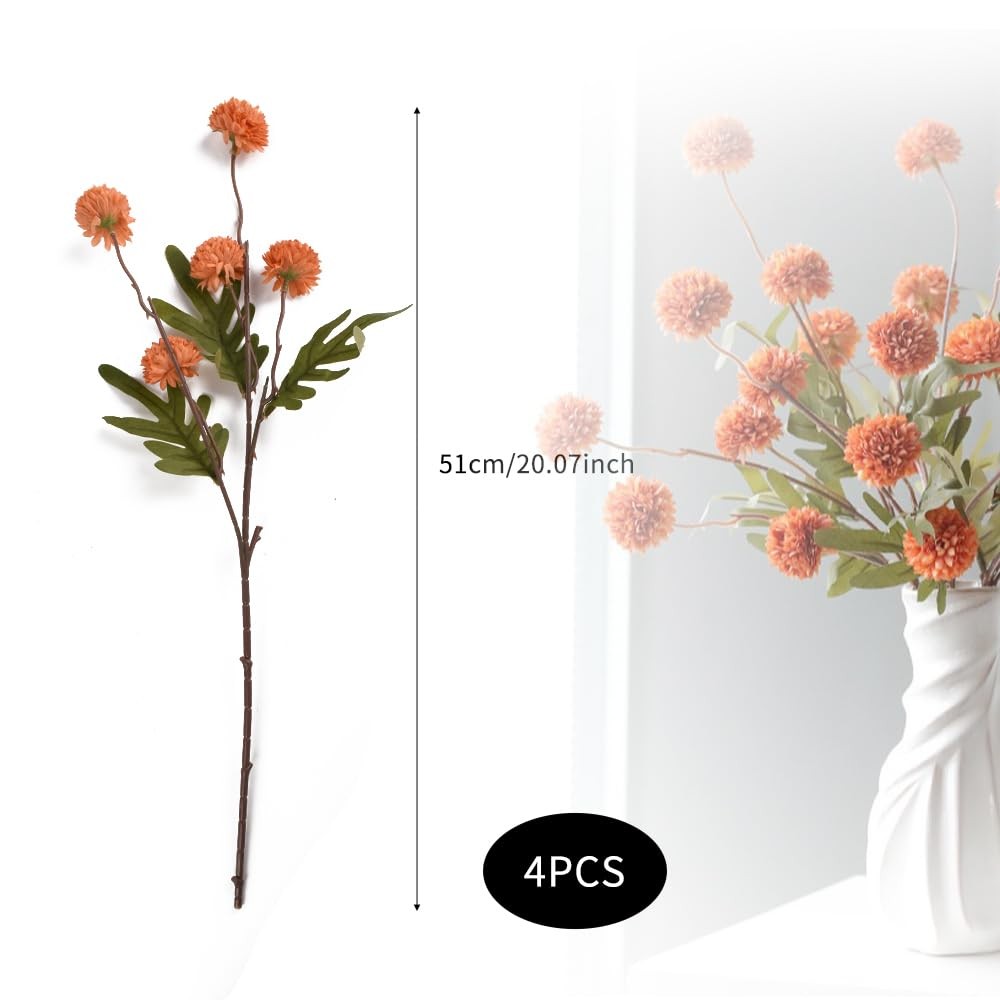 Artificial Pompon Mum Stems Silk Home Decor Orange 20 Inch Set of 4