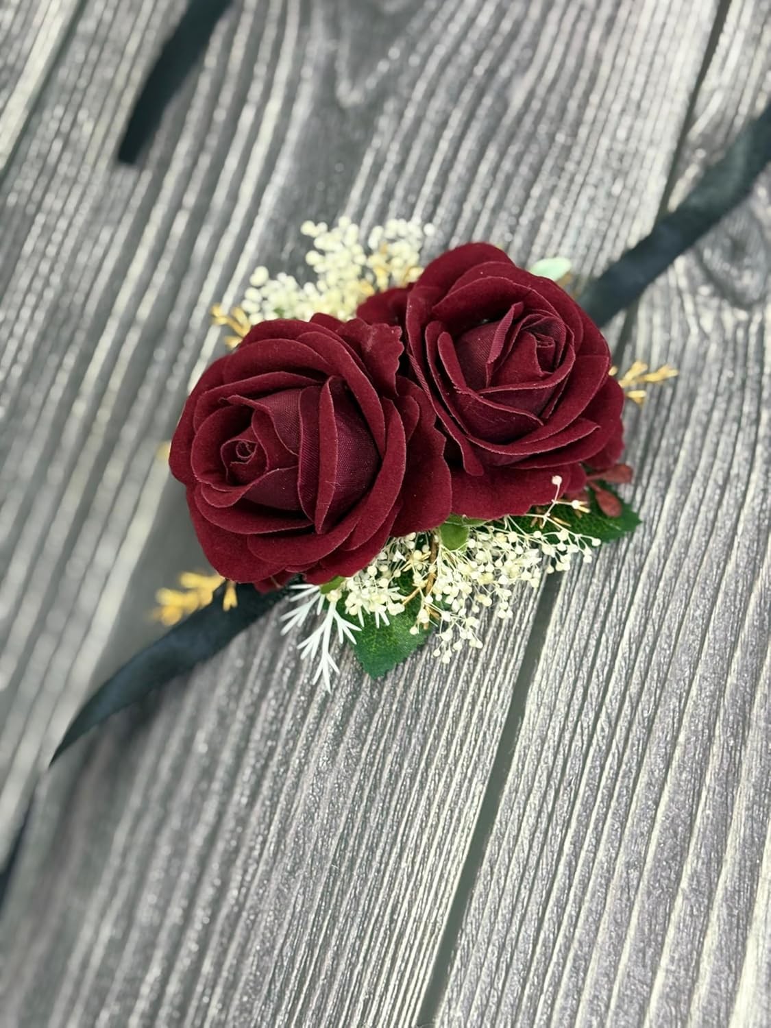 Burgundy Rose Corsage Boutonniere Set Baby’s Breath Wedding Prom Decorations