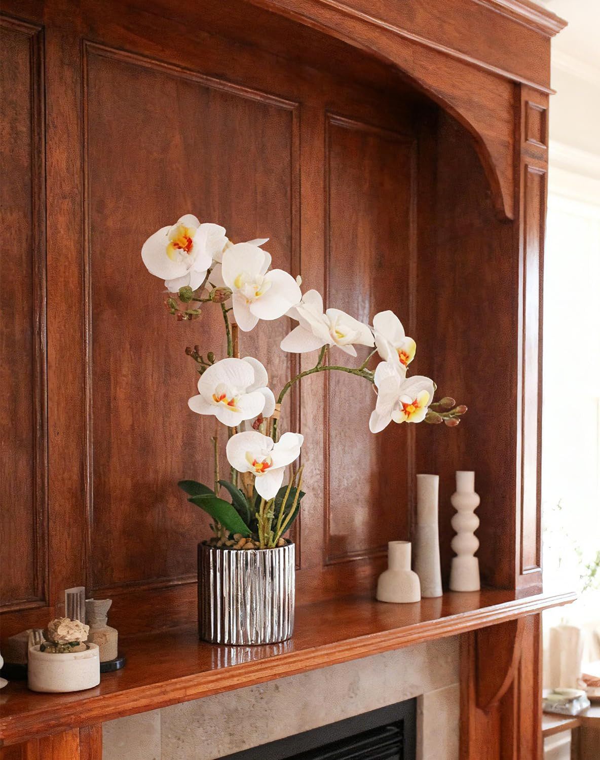 Realistic White Orchid Plant in Silver Vase – Elegant Home Decor Centerpiece