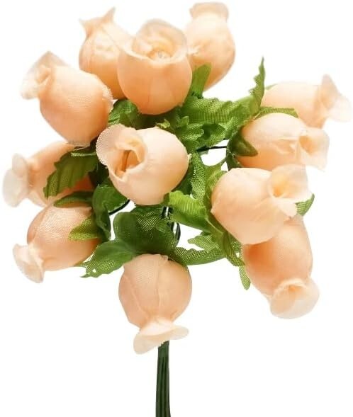 Peach Artificial Silk Flower Roses – 12 Mini Bouquets of 12 Rosebuds, 144 Total
