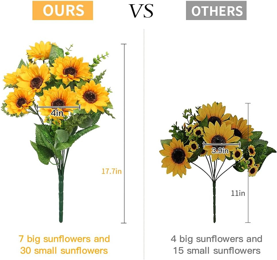 Artificial Sunflowers for Outdoors – 2 Bunches Fake Sunflower Bouquets with 14 L