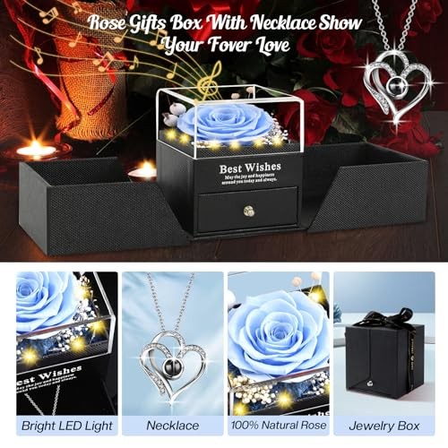Gifts for Women – Preserved Real Rose with I Love You Heart Necklace, Sky Blue