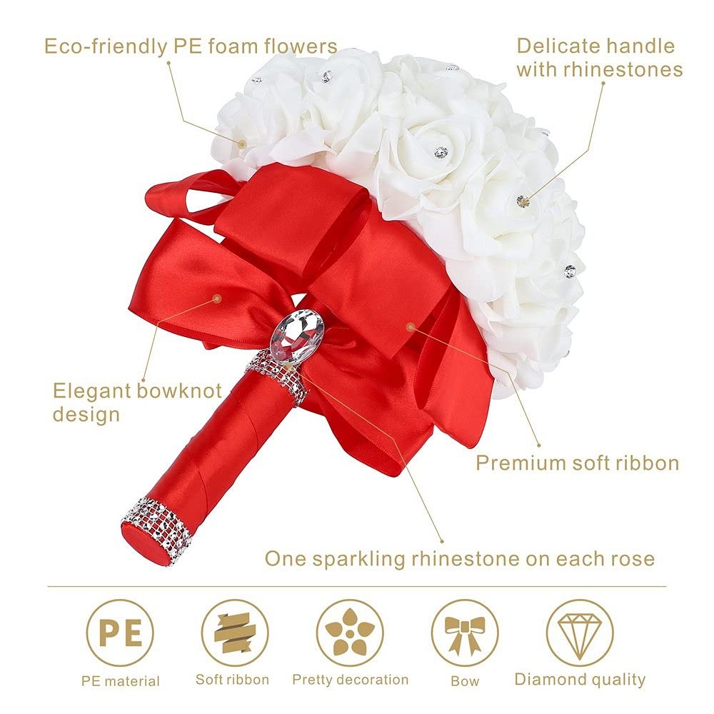 Wedding Bouquet Red Bridesmaid Bridal Crystals Soft Ribbons Artificial Flowers