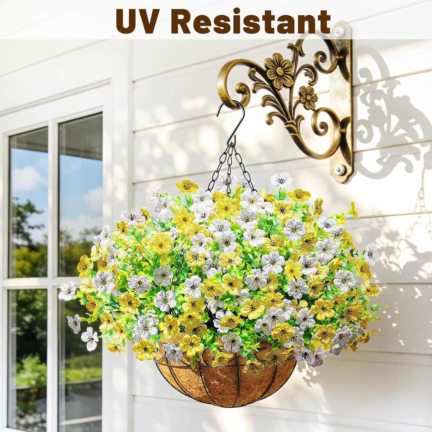 2 Pack UV Resistant Faux Hanging Flower Baskets for Outdoor Decor (Yellow White)