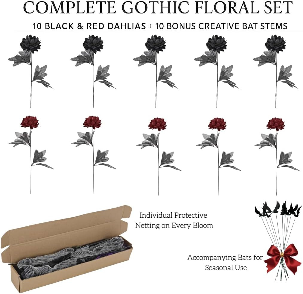 Black Burgundy Artificial Flowers Dahlia Bouquet – Lifelike Faux Gothic Floral A