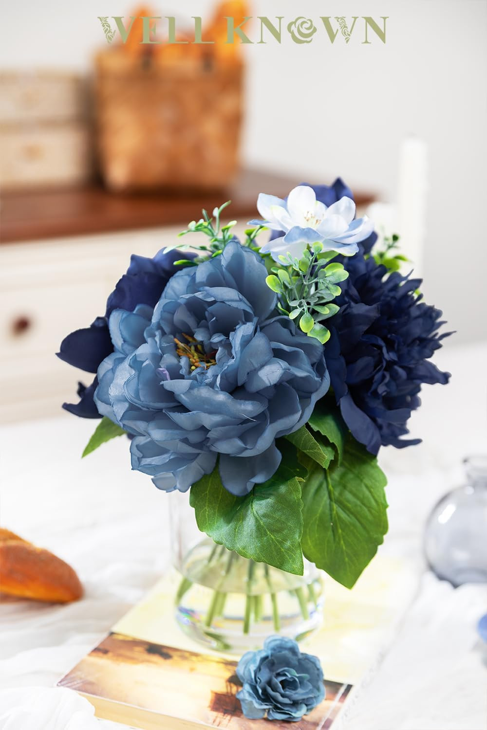Silk Peony Flower Bouquet in Glass Vase with Fake Water – Navy & Light Blue
