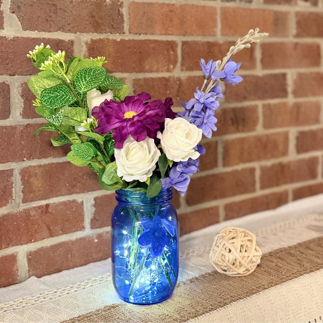 Purple White Rose Faux Floral Arrangement Blue Mason Jar LED Lights Home Decor