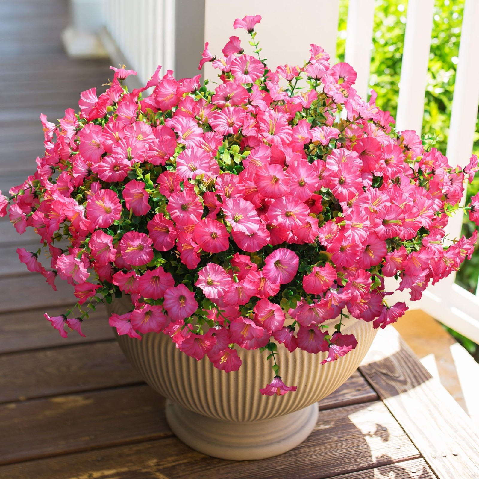 12 Bundles UV Resistant Pink Morning Glory Fake Flowers for Outdoor Decor, Eucal